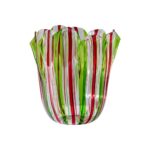 VENINI Fazzoletto A Canne Soffiato Trasparente Rosso e Verde Ø 23 cm H 31 cm