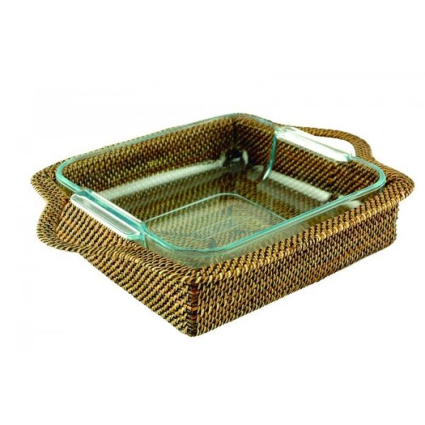 PORTAPYREX QUADRATO IN RATTAN COMPLETO DI TEGAME DA FORNO CM 20 X 20